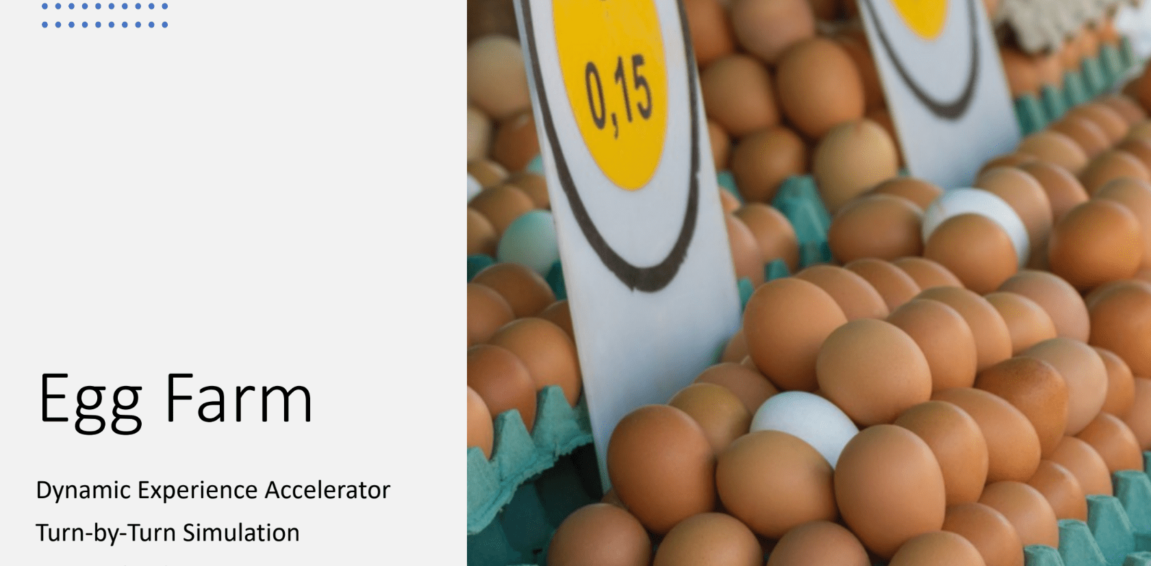 chicken eggs in a crate with a label and on the left a text that reads Egg farm dynamics experience accelerator