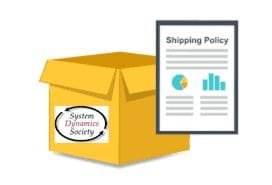 A brown open box with the logo of the system dynamics society and a paper with shipping policy as the title